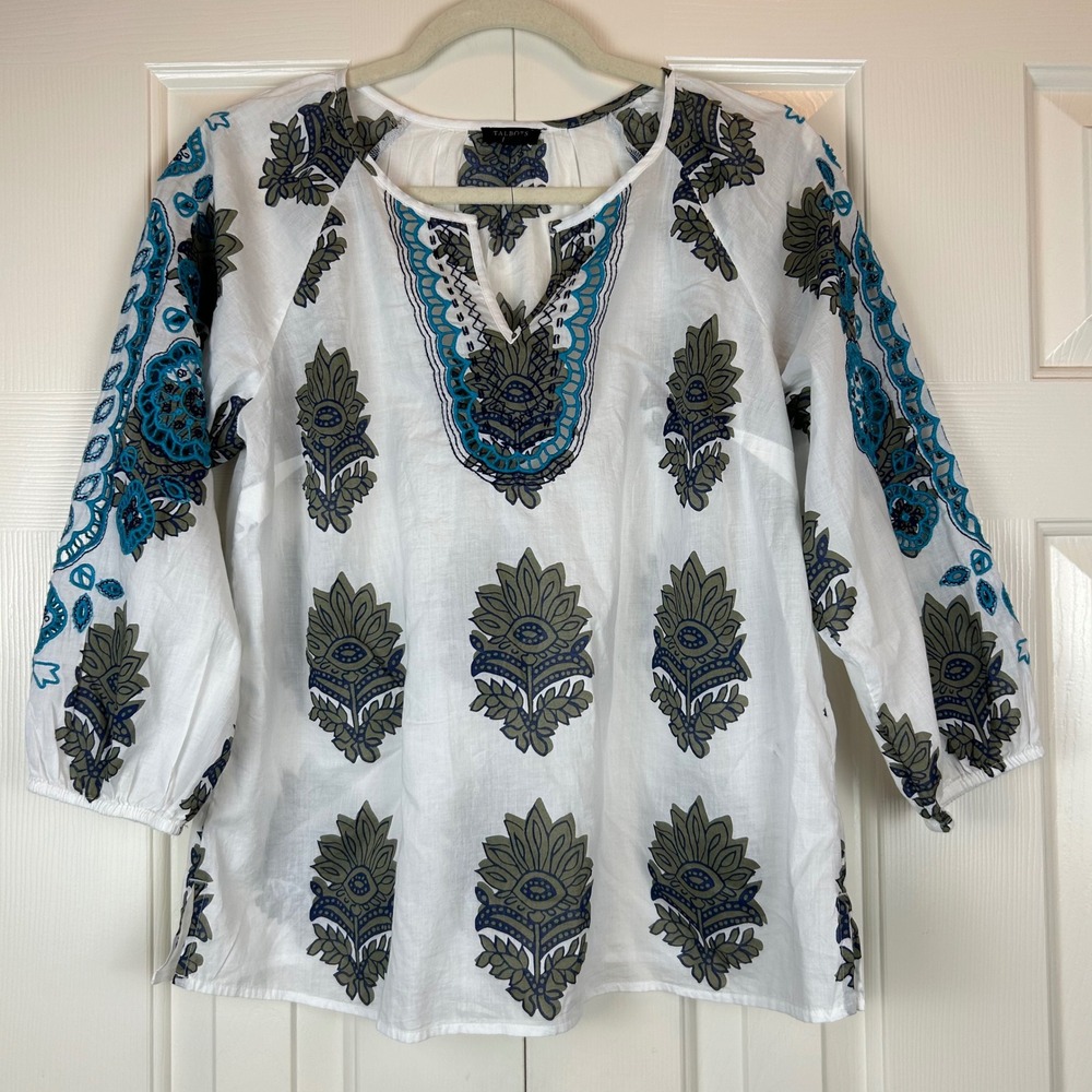 Talbots Petite White Boho Cotton Tunic Top MP